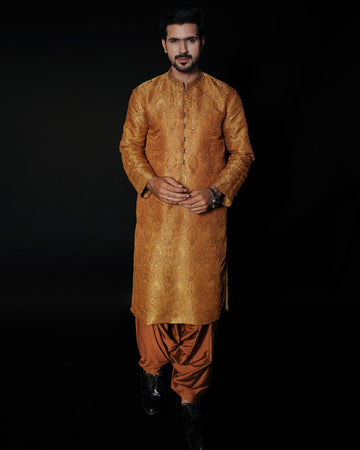Rust Embroidered Atlas Kameez Shalwar with Dupatta For Men